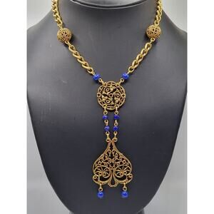 Vintage Accessocraft NYC Gold Tone Filigree Necklace Blue Beads Pendant